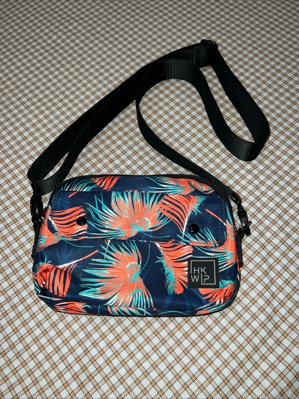 HKWP Navy Crossbody Bag with Coral & Teal Tropical Print